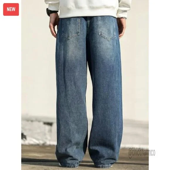 Men's Baggy Hip Hop Jeans Wide Leg Skater Denim Pants Loose Fit